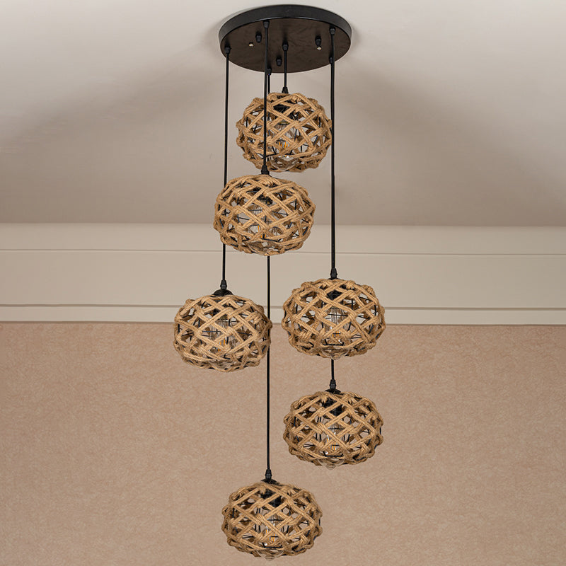 Cross-Woven Rope Cluster Oval Pendant Cottage 3/6 Bulbs Kitchen Bar Round/Linear Canopy Ceiling Hang Light in Brown Clearhalo 'Ceiling Lights' 'Industrial Pendants' 'Industrial' 'Middle Century Pendants' 'Pendant Lights' 'Pendants' 'Tiffany' Lighting' 1912426