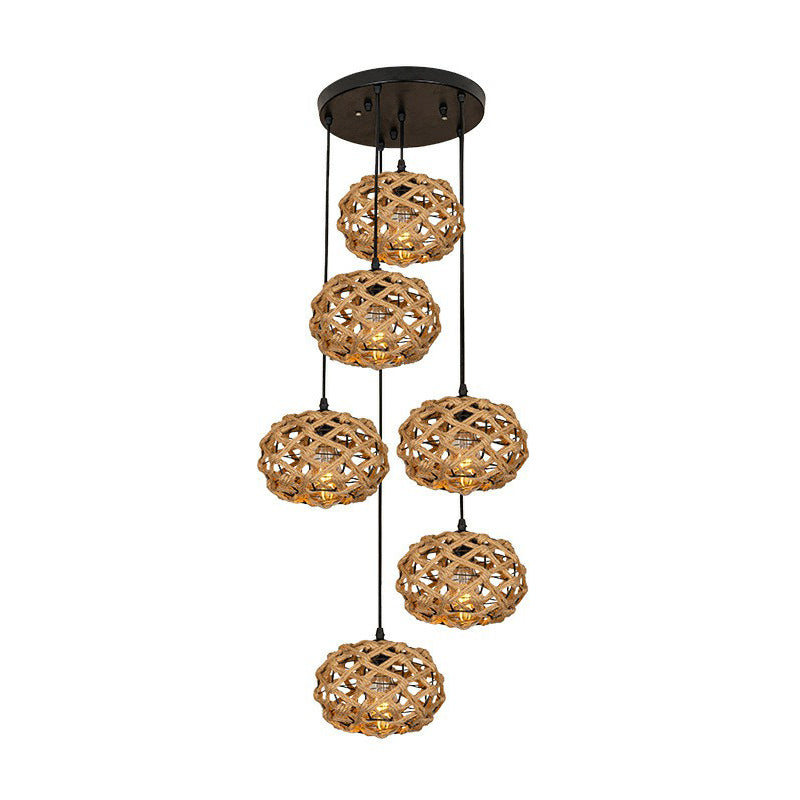 Cross-Woven Rope Cluster Oval Pendant Cottage 3/6 Bulbs Kitchen Bar Round/Linear Canopy Ceiling Hang Light in Brown Clearhalo 'Ceiling Lights' 'Industrial Pendants' 'Industrial' 'Middle Century Pendants' 'Pendant Lights' 'Pendants' 'Tiffany' Lighting' 1912427