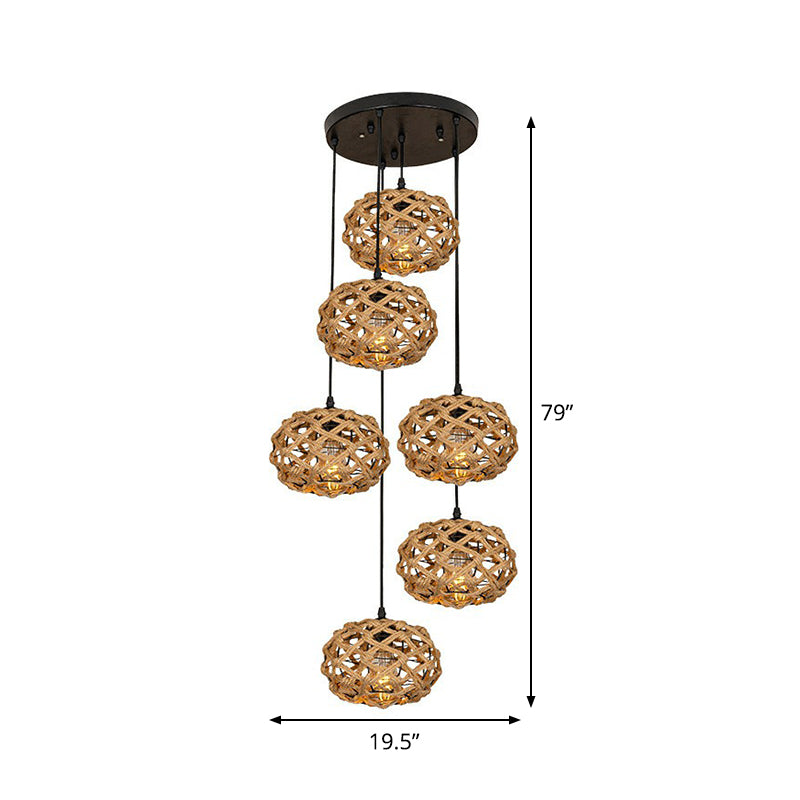 Cross-Woven Rope Cluster Oval Pendant Cottage 3/6 Bulbs Kitchen Bar Round/Linear Canopy Ceiling Hang Light in Brown Clearhalo 'Ceiling Lights' 'Industrial Pendants' 'Industrial' 'Middle Century Pendants' 'Pendant Lights' 'Pendants' 'Tiffany' Lighting' 1912428