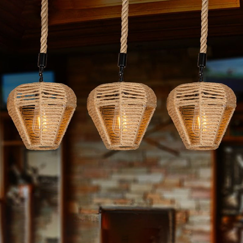 3/6-Light Inverted Droplet Multi Pendant Rustic Brown Hemp Rope Hanging Light Fixture with Round/Linear Canopy Brown Linear Clearhalo 'Ceiling Lights' 'Industrial Pendants' 'Industrial' 'Middle Century Pendants' 'Pendant Lights' 'Pendants' 'Tiffany' Lighting' 1912429