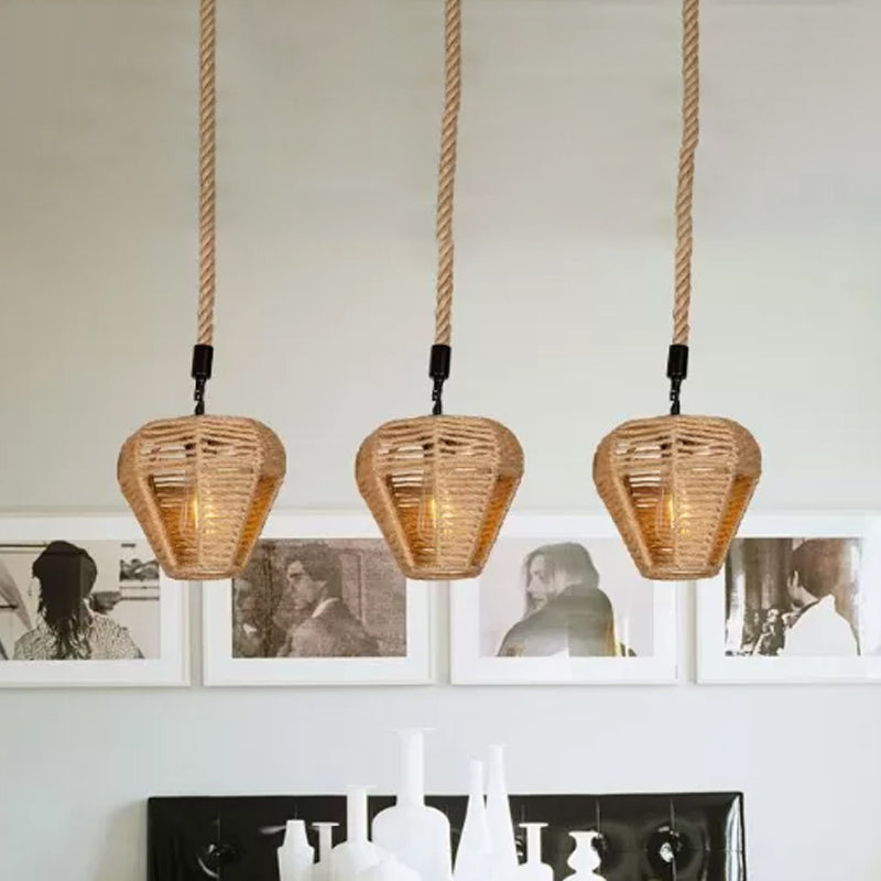 3/6-Light Inverted Droplet Multi Pendant Rustic Brown Hemp Rope Hanging Light Fixture with Round/Linear Canopy Clearhalo 'Ceiling Lights' 'Industrial Pendants' 'Industrial' 'Middle Century Pendants' 'Pendant Lights' 'Pendants' 'Tiffany' Lighting' 1912430