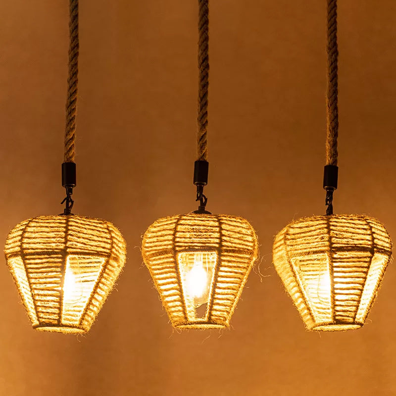 3/6-Light Inverted Droplet Multi Pendant Rustic Brown Hemp Rope Hanging Light Fixture with Round/Linear Canopy Clearhalo 'Ceiling Lights' 'Industrial Pendants' 'Industrial' 'Middle Century Pendants' 'Pendant Lights' 'Pendants' 'Tiffany' Lighting' 1912432
