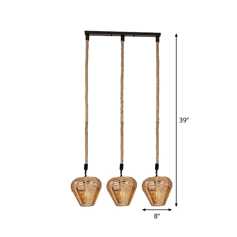 3/6-Light Inverted Droplet Multi Pendant Rustic Brown Hemp Rope Hanging Light Fixture with Round/Linear Canopy Clearhalo 'Ceiling Lights' 'Industrial Pendants' 'Industrial' 'Middle Century Pendants' 'Pendant Lights' 'Pendants' 'Tiffany' Lighting' 1912433