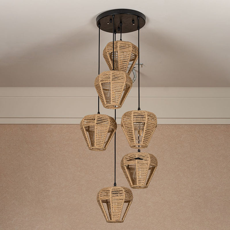 3/6-Light Inverted Droplet Multi Pendant Rustic Brown Hemp Rope Hanging Light Fixture with Round/Linear Canopy Clearhalo 'Ceiling Lights' 'Industrial Pendants' 'Industrial' 'Middle Century Pendants' 'Pendant Lights' 'Pendants' 'Tiffany' Lighting' 1912435