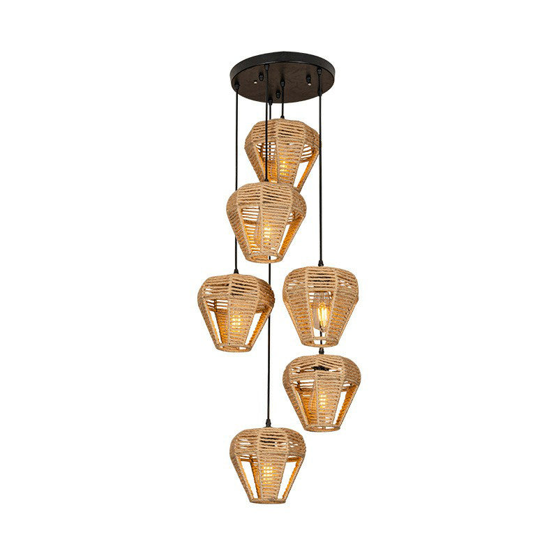 3/6-Light Inverted Droplet Multi Pendant Rustic Brown Hemp Rope Hanging Light Fixture with Round/Linear Canopy Clearhalo 'Ceiling Lights' 'Industrial Pendants' 'Industrial' 'Middle Century Pendants' 'Pendant Lights' 'Pendants' 'Tiffany' Lighting' 1912436