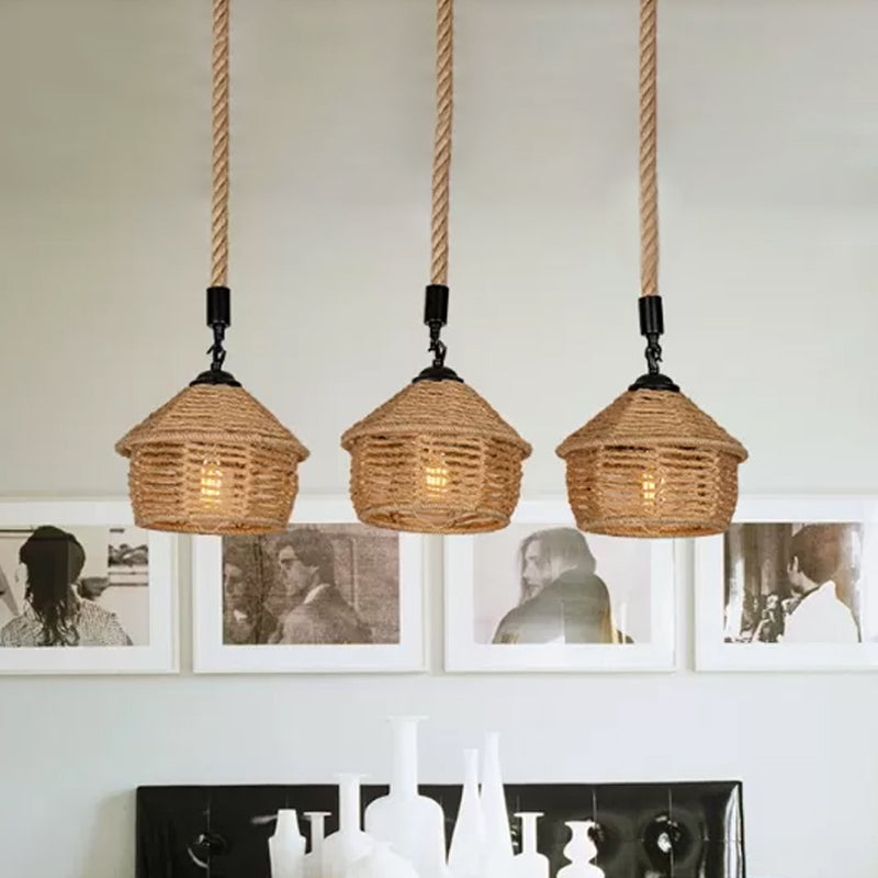 3/6 Lights Rope Cluster Pendant Rural Brown Barn Dining Room Ceiling Suspension Lamp with Round/Linear Canopy Clearhalo 'Ceiling Lights' 'Industrial Pendants' 'Industrial' 'Middle Century Pendants' 'Pendant Lights' 'Pendants' 'Tiffany' Lighting' 1912439