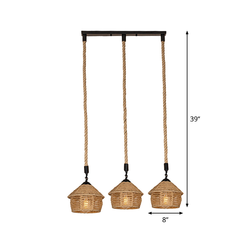 3/6 Lights Rope Cluster Pendant Rural Brown Barn Dining Room Ceiling Suspension Lamp with Round/Linear Canopy Clearhalo 'Ceiling Lights' 'Industrial Pendants' 'Industrial' 'Middle Century Pendants' 'Pendant Lights' 'Pendants' 'Tiffany' Lighting' 1912442
