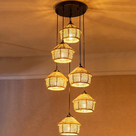 3/6 Lights Rope Cluster Pendant Rural Brown Barn Dining Room Ceiling Suspension Lamp with Round/Linear Canopy Brown Round Clearhalo 'Ceiling Lights' 'Industrial Pendants' 'Industrial' 'Middle Century Pendants' 'Pendant Lights' 'Pendants' 'Tiffany' Lighting' 1912443