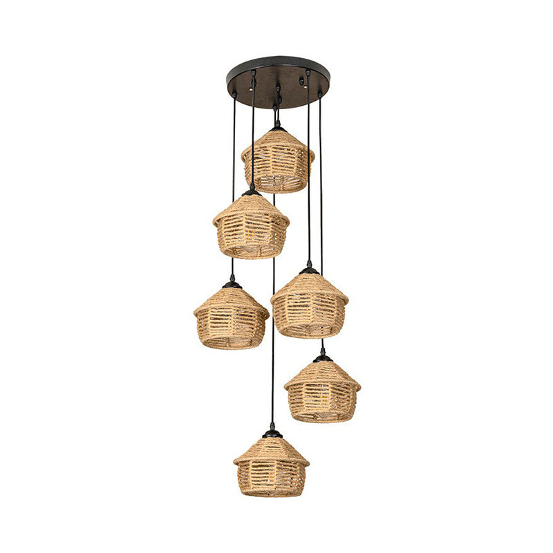 3/6 Lights Rope Cluster Pendant Rural Brown Barn Dining Room Ceiling Suspension Lamp with Round/Linear Canopy Clearhalo 'Ceiling Lights' 'Industrial Pendants' 'Industrial' 'Middle Century Pendants' 'Pendant Lights' 'Pendants' 'Tiffany' Lighting' 1912445