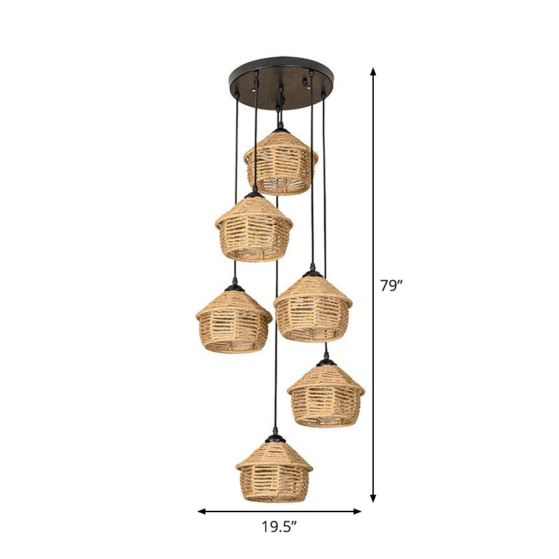 3/6 Lights Rope Cluster Pendant Rural Brown Barn Dining Room Ceiling Suspension Lamp with Round/Linear Canopy Clearhalo 'Ceiling Lights' 'Industrial Pendants' 'Industrial' 'Middle Century Pendants' 'Pendant Lights' 'Pendants' 'Tiffany' Lighting' 1912446