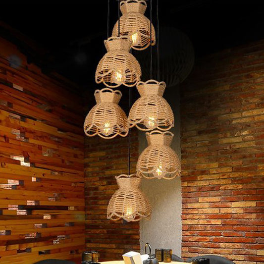 Round/Linear Bistro Cluster Bowl Pendant Farmhouse Hemp 3/6-Head Brown Multi Hanging Lamp with Scalloped Trim Brown Round Clearhalo 'Ceiling Lights' 'Industrial Pendants' 'Industrial' 'Middle Century Pendants' 'Pendant Lights' 'Pendants' 'Tiffany' Lighting' 1912452