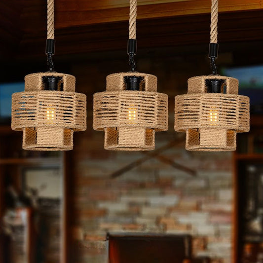 Lodge Style Round/Linear Canopy Pendant 3/6 Lights Roped Hanging Ceiling Light with Double Shade in Brown Brown Linear Clearhalo 'Ceiling Lights' 'Industrial Pendants' 'Industrial' 'Middle Century Pendants' 'Pendant Lights' 'Pendants' 'Tiffany' Lighting' 1912457