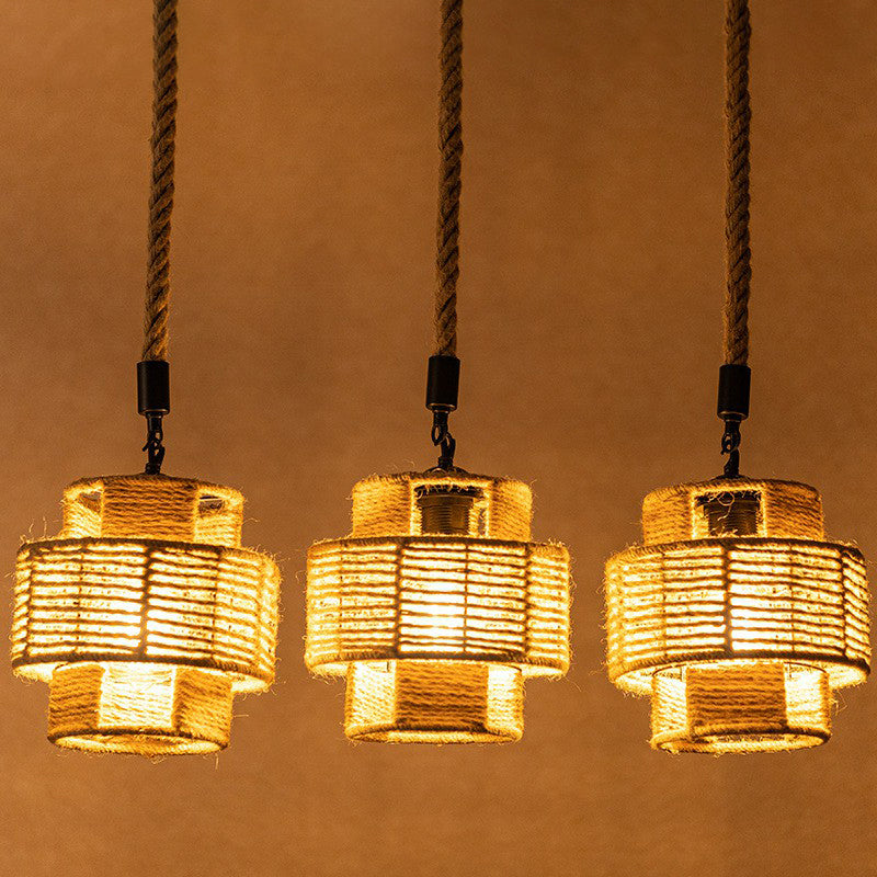 Lodge Style Round/Linear Canopy Pendant 3/6 Lights Roped Hanging Ceiling Light with Double Shade in Brown Clearhalo 'Ceiling Lights' 'Industrial Pendants' 'Industrial' 'Middle Century Pendants' 'Pendant Lights' 'Pendants' 'Tiffany' Lighting' 1912460