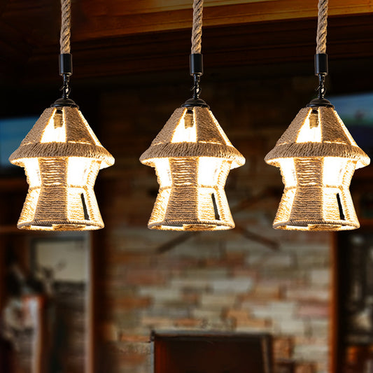 Hand-Wrapped Rope Cluster Cabin Pendant Country 3/6 Bulbs Living Room Round/Linear Ceiling Suspension Lamp in Brown Brown Linear Clearhalo 'Ceiling Lights' 'Industrial Pendants' 'Industrial' 'Middle Century Pendants' 'Pendant Lights' 'Pendants' 'Tiffany' Lighting' 1912466