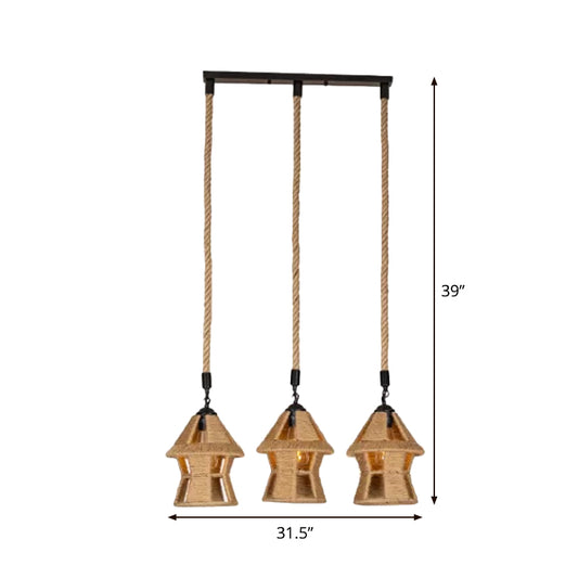 Hand-Wrapped Rope Cluster Cabin Pendant Country 3/6 Bulbs Living Room Round/Linear Ceiling Suspension Lamp in Brown Clearhalo 'Ceiling Lights' 'Industrial Pendants' 'Industrial' 'Middle Century Pendants' 'Pendant Lights' 'Pendants' 'Tiffany' Lighting' 1912470