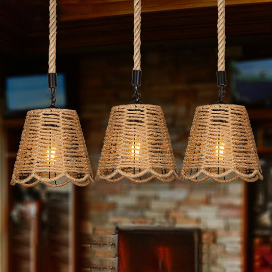 Rope Brown Pendant Lighting Scalloped-Trimmed Tapered 3/6-Head Rustic Multi Light Ceiling Light with Round/Linear Canopy Brown Linear Clearhalo 'Ceiling Lights' 'Industrial Pendants' 'Industrial' 'Middle Century Pendants' 'Pendant Lights' 'Pendants' 'Tiffany' Lighting' 1912475