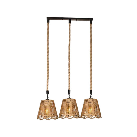 Rope Brown Pendant Lighting Scalloped-Trimmed Tapered 3/6-Head Rustic Multi Light Ceiling Light with Round/Linear Canopy Clearhalo 'Ceiling Lights' 'Industrial Pendants' 'Industrial' 'Middle Century Pendants' 'Pendant Lights' 'Pendants' 'Tiffany' Lighting' 1912477