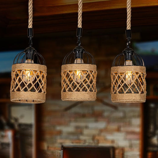 3/6 Heads Cluster Pendant Light Lodge Birdcage Criss-Cross Woven Rope Hanging Light Kit in Brown, Round/Linear Canopy Brown Linear Clearhalo 'Ceiling Lights' 'Industrial Pendants' 'Industrial' 'Middle Century Pendants' 'Pendant Lights' 'Pendants' 'Tiffany' Lighting' 1912484