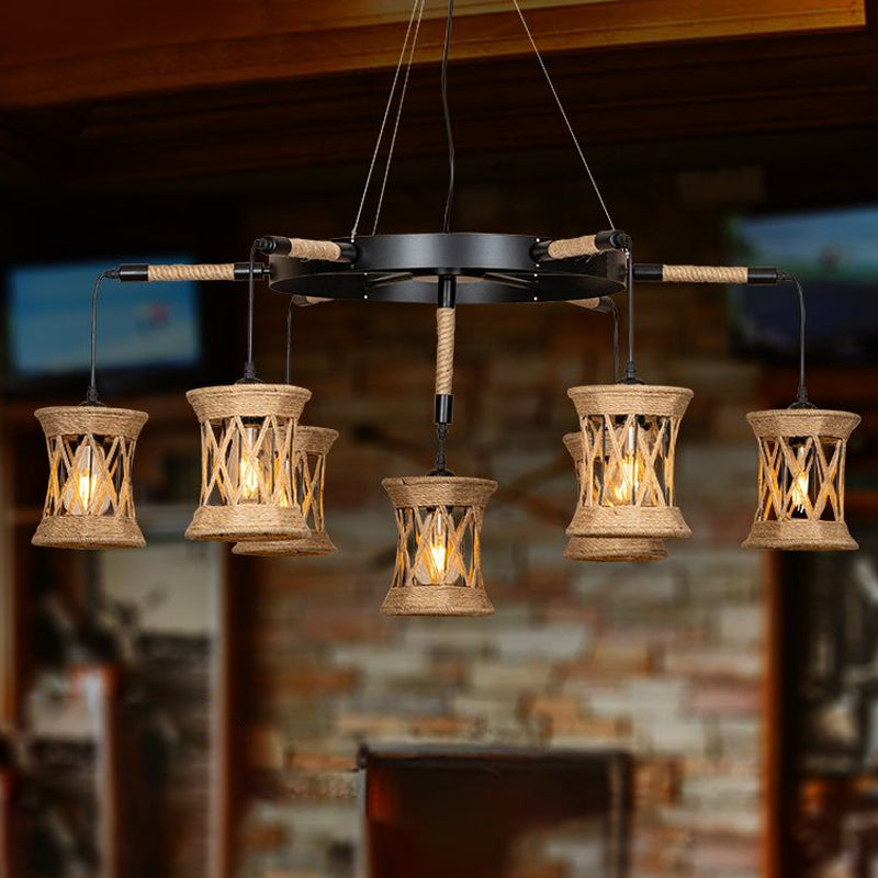 X-Woven Rope Cylinder Pendant Lamp Farmhouse 7-Light Dining Room Ceiling Chandelier with Wheel Design in Brown Brown Clearhalo 'Ceiling Lights' 'Chandeliers' 'Industrial Chandeliers' 'Industrial' 'Middle Century Chandeliers' 'Tiffany' Lighting' 1912498
