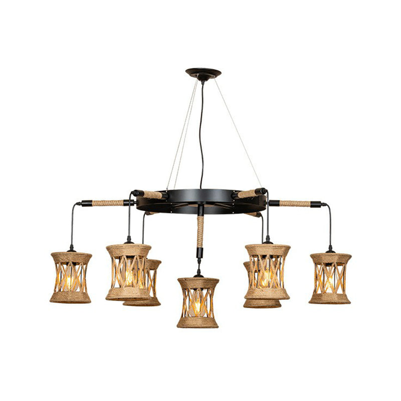 X-Woven Rope Cylinder Pendant Lamp Farmhouse 7-Light Dining Room Ceiling Chandelier with Wheel Design in Brown Clearhalo 'Ceiling Lights' 'Chandeliers' 'Industrial Chandeliers' 'Industrial' 'Middle Century Chandeliers' 'Tiffany' Lighting' 1912499