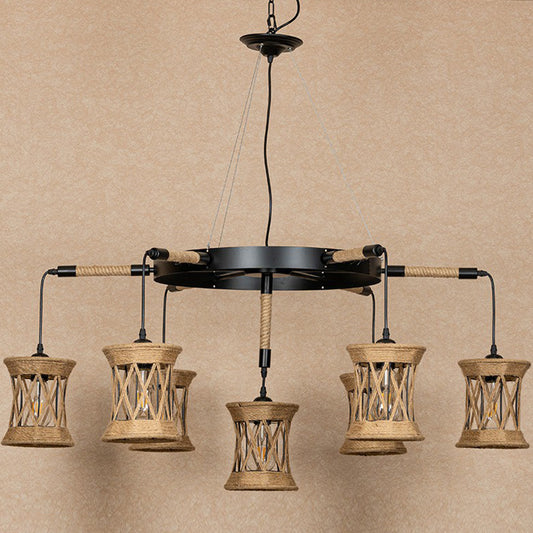 X-Woven Rope Cylinder Pendant Lamp Farmhouse 7-Light Dining Room Ceiling Chandelier with Wheel Design in Brown Clearhalo 'Ceiling Lights' 'Chandeliers' 'Industrial Chandeliers' 'Industrial' 'Middle Century Chandeliers' 'Tiffany' Lighting' 1912501