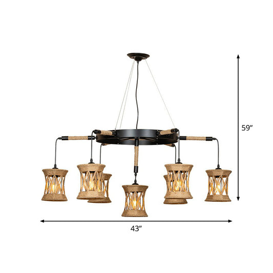 X-Woven Rope Cylinder Pendant Lamp Farmhouse 7-Light Dining Room Ceiling Chandelier with Wheel Design in Brown Clearhalo 'Ceiling Lights' 'Chandeliers' 'Industrial Chandeliers' 'Industrial' 'Middle Century Chandeliers' 'Tiffany' Lighting' 1912502