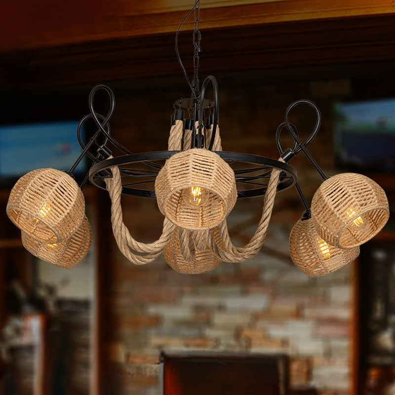 Farmhouse Wheel Hanging Pendant 6-Head Iron Chandelier Light with Dome Roped Shade in Brown Brown Clearhalo 'Ceiling Lights' 'Chandeliers' 'Industrial Chandeliers' 'Industrial' 'Middle Century Chandeliers' 'Tiffany' Lighting' 1912508