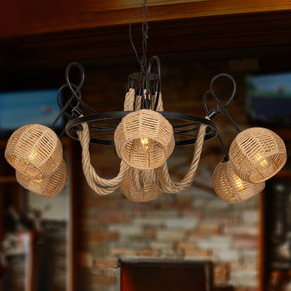 Farmhouse Wheel Hanging Pendant 6-Head Iron Chandelier Light with Dome Roped Shade in Brown Brown Clearhalo 'Ceiling Lights' 'Chandeliers' 'Industrial Chandeliers' 'Industrial' 'Middle Century Chandeliers' 'Tiffany' Lighting' 1912508