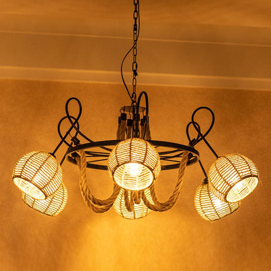 Farmhouse Wheel Hanging Pendant 6-Head Iron Chandelier Light with Dome Roped Shade in Brown Clearhalo 'Ceiling Lights' 'Chandeliers' 'Industrial Chandeliers' 'Industrial' 'Middle Century Chandeliers' 'Tiffany' Lighting' 1912509