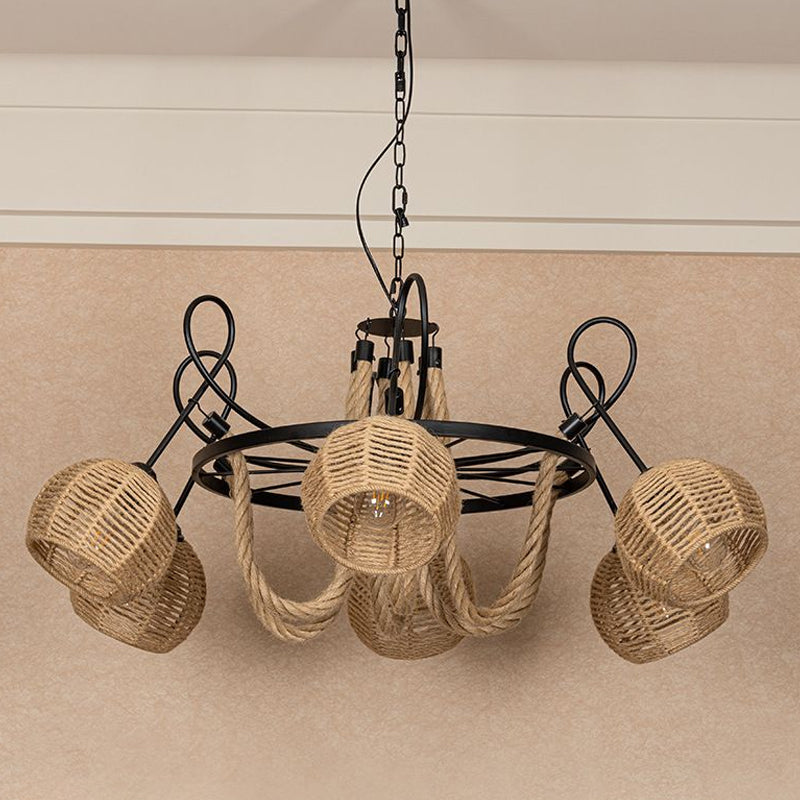 Farmhouse Wheel Hanging Pendant 6-Head Iron Chandelier Light with Dome Roped Shade in Brown Clearhalo 'Ceiling Lights' 'Chandeliers' 'Industrial Chandeliers' 'Industrial' 'Middle Century Chandeliers' 'Tiffany' Lighting' 1912510