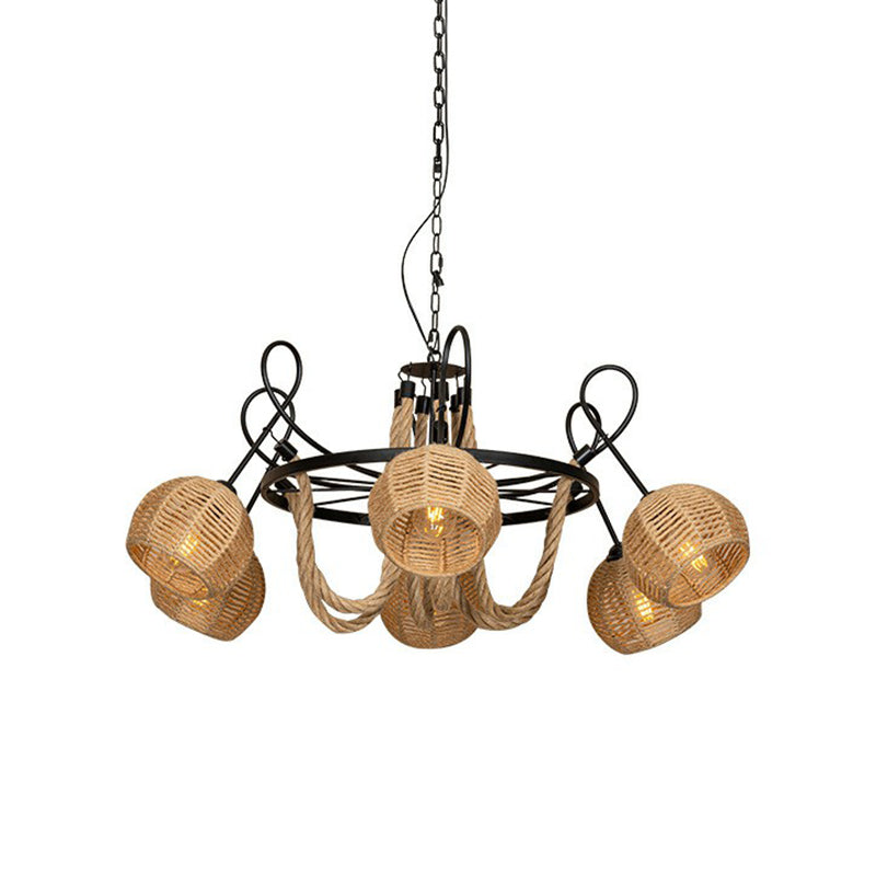 Farmhouse Wheel Hanging Pendant 6-Head Iron Chandelier Light with Dome Roped Shade in Brown Clearhalo 'Ceiling Lights' 'Chandeliers' 'Industrial Chandeliers' 'Industrial' 'Middle Century Chandeliers' 'Tiffany' Lighting' 1912511