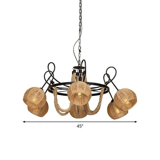 Farmhouse Wheel Hanging Pendant 6-Head Iron Chandelier Light with Dome Roped Shade in Brown Clearhalo 'Ceiling Lights' 'Chandeliers' 'Industrial Chandeliers' 'Industrial' 'Middle Century Chandeliers' 'Tiffany' Lighting' 1912512