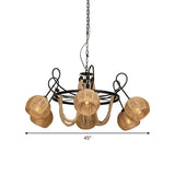 Farmhouse Wheel Hanging Pendant 6-Head Iron Chandelier Light with Dome Roped Shade in Brown Clearhalo 'Ceiling Lights' 'Chandeliers' 'Industrial Chandeliers' 'Industrial' 'Middle Century Chandeliers' 'Tiffany' Lighting' 1912512