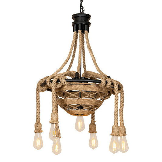 Rope Bowl Pendant Chandelier Country Style 6 Heads Dining Room Hanging Light with Bare Bulb Design in Brown Clearhalo 'Ceiling Lights' 'Chandeliers' 'Industrial Chandeliers' 'Industrial' 'Middle Century Chandeliers' 'Tiffany' Lighting' 1912514