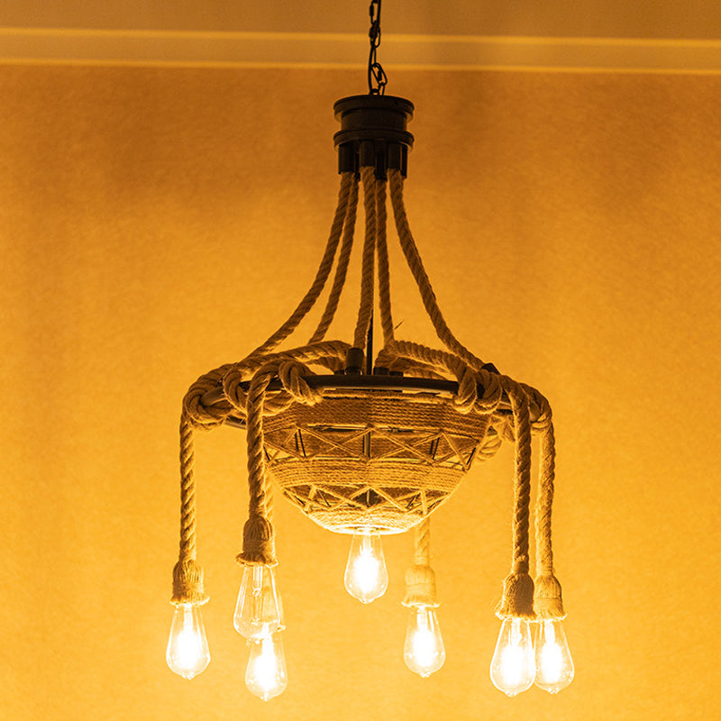 Rope Bowl Pendant Chandelier Country Style 6 Heads Dining Room Hanging Light with Bare Bulb Design in Brown Clearhalo 'Ceiling Lights' 'Chandeliers' 'Industrial Chandeliers' 'Industrial' 'Middle Century Chandeliers' 'Tiffany' Lighting' 1912515