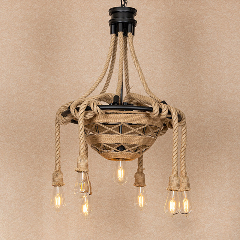 Rope Bowl Pendant Chandelier Country Style 6 Heads Dining Room Hanging Light with Bare Bulb Design in Brown Clearhalo 'Ceiling Lights' 'Chandeliers' 'Industrial Chandeliers' 'Industrial' 'Middle Century Chandeliers' 'Tiffany' Lighting' 1912516