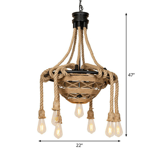 Rope Bowl Pendant Chandelier Country Style 6 Heads Dining Room Hanging Light with Bare Bulb Design in Brown Clearhalo 'Ceiling Lights' 'Chandeliers' 'Industrial Chandeliers' 'Industrial' 'Middle Century Chandeliers' 'Tiffany' Lighting' 1912517