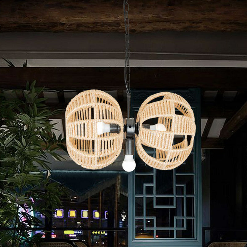 3 Lights Double Melon Suspension Pendant Farmhouse Brown Rope Chandelier Lamp over Table Clearhalo 'Ceiling Lights' 'Chandeliers' 'Industrial Chandeliers' 'Industrial' 'Middle Century Chandeliers' 'Tiffany' Lighting' 1912519