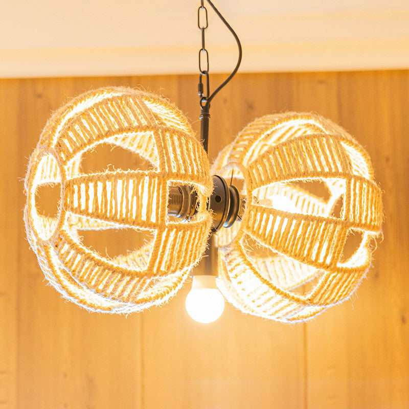 3 Lights Double Melon Suspension Pendant Farmhouse Brown Rope Chandelier Lamp over Table Clearhalo 'Ceiling Lights' 'Chandeliers' 'Industrial Chandeliers' 'Industrial' 'Middle Century Chandeliers' 'Tiffany' Lighting' 1912520