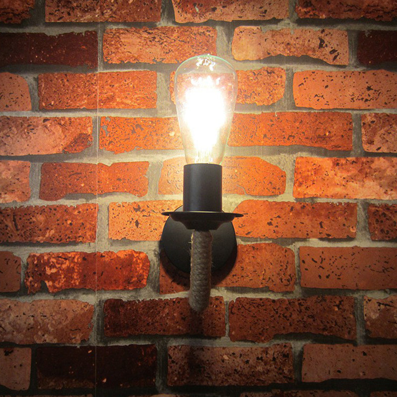 Rope Wrapped Arm Wall Lamp Rustic 1 Head Bathroom Wall Mounted Light with Open Bulb Design in Black Clearhalo 'Art deco wall lights' 'Cast Iron' 'Glass' 'Industrial wall lights' 'Industrial' 'Middle century wall lights' 'Modern' 'Rustic wall lights' 'Tiffany' 'Traditional wall lights' 'Wall Lamps & Sconces' 'Wall Lights' Lighting' 1912526