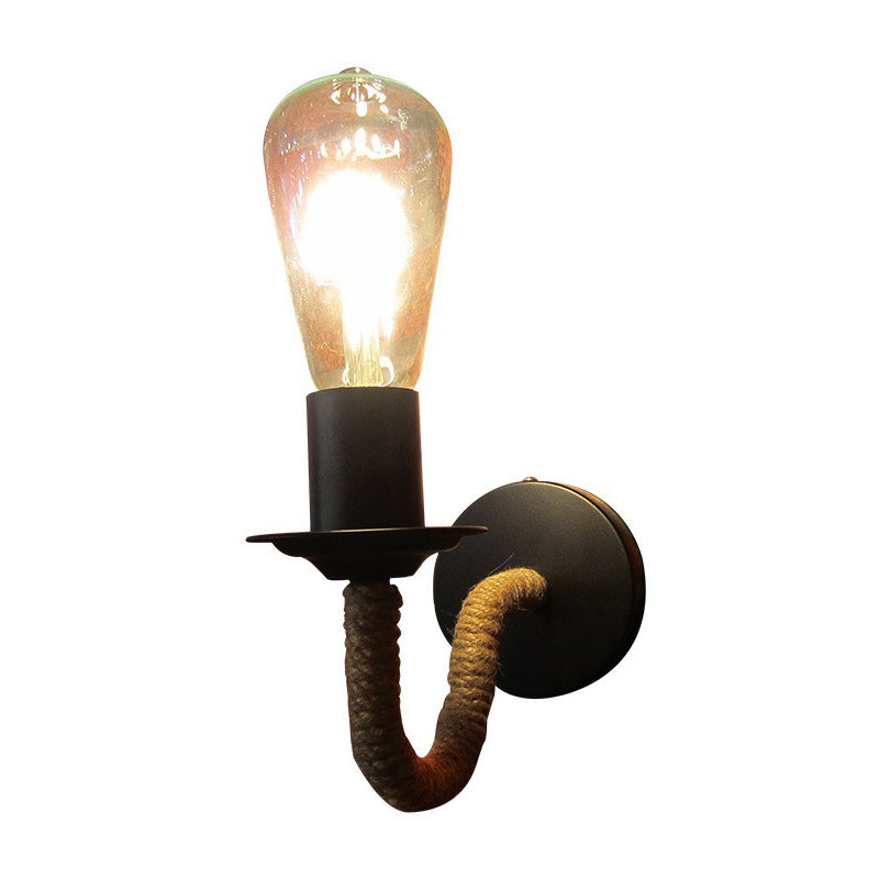 Rope Wrapped Arm Wall Lamp Rustic 1 Head Bathroom Wall Mounted Light with Open Bulb Design in Black Clearhalo 'Art deco wall lights' 'Cast Iron' 'Glass' 'Industrial wall lights' 'Industrial' 'Middle century wall lights' 'Modern' 'Rustic wall lights' 'Tiffany' 'Traditional wall lights' 'Wall Lamps & Sconces' 'Wall Lights' Lighting' 1912528
