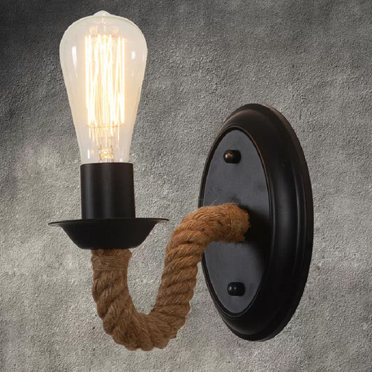 Black 1 Bulb Wall Lam Fixture Lodge Metal Oval/Round Backplate Wall Light with Curved Rope Arm Black A Clearhalo 'Industrial wall lights' 'Industrial' 'Middle century wall lights' 'Tiffany' 'Wall Lamps & Sconces' 'Wall Lights' Lighting' 1912530