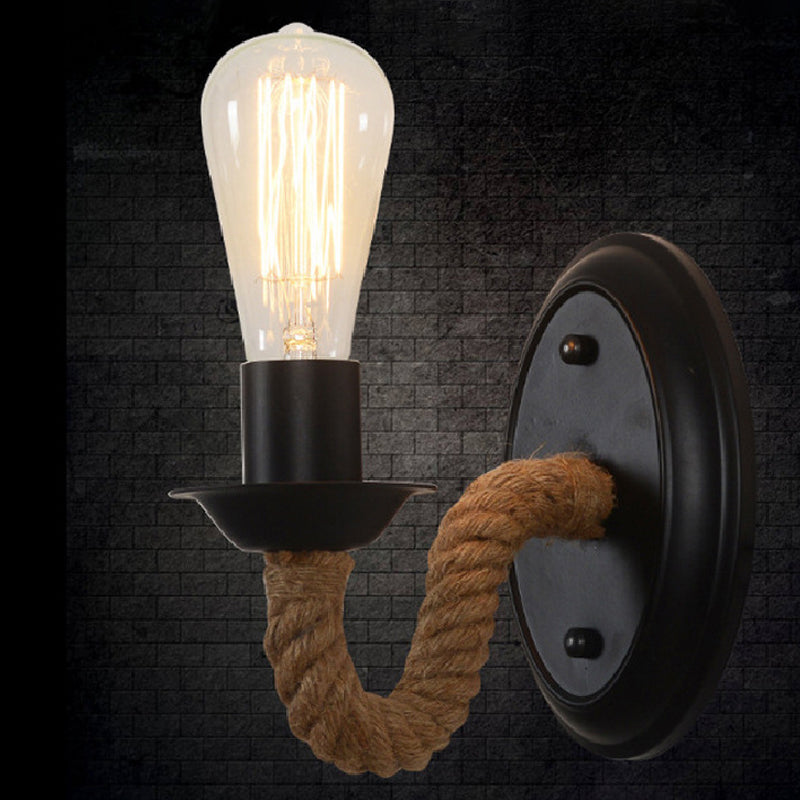Black 1 Bulb Wall Lam Fixture Lodge Metal Oval/Round Backplate Wall Light with Curved Rope Arm Clearhalo 'Industrial wall lights' 'Industrial' 'Middle century wall lights' 'Tiffany' 'Wall Lamps & Sconces' 'Wall Lights' Lighting' 1912531