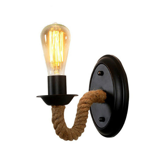Black 1 Bulb Wall Lam Fixture Lodge Metal Oval/Round Backplate Wall Light with Curved Rope Arm Clearhalo 'Industrial wall lights' 'Industrial' 'Middle century wall lights' 'Tiffany' 'Wall Lamps & Sconces' 'Wall Lights' Lighting' 1912532