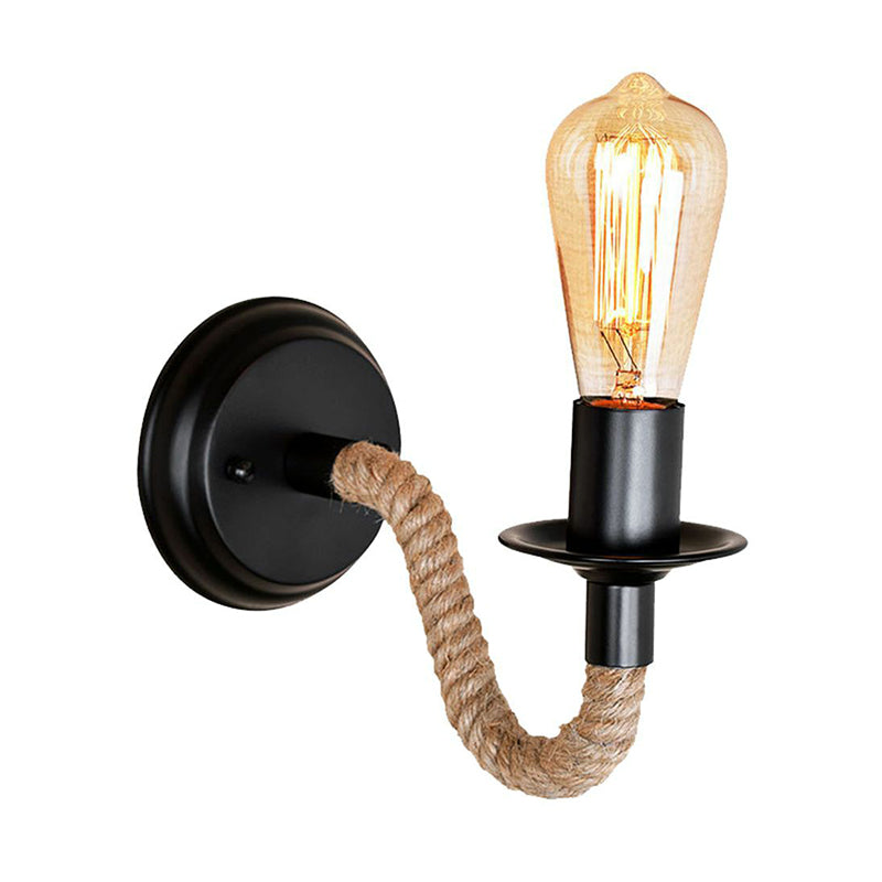 Black 1 Bulb Wall Lam Fixture Lodge Metal Oval/Round Backplate Wall Light with Curved Rope Arm Black B Clearhalo 'Industrial wall lights' 'Industrial' 'Middle century wall lights' 'Tiffany' 'Wall Lamps & Sconces' 'Wall Lights' Lighting' 1912534