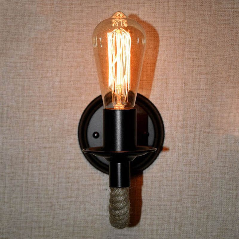 Black 1 Bulb Wall Lam Fixture Lodge Metal Oval/Round Backplate Wall Light with Curved Rope Arm Clearhalo 'Industrial wall lights' 'Industrial' 'Middle century wall lights' 'Tiffany' 'Wall Lamps & Sconces' 'Wall Lights' Lighting' 1912535