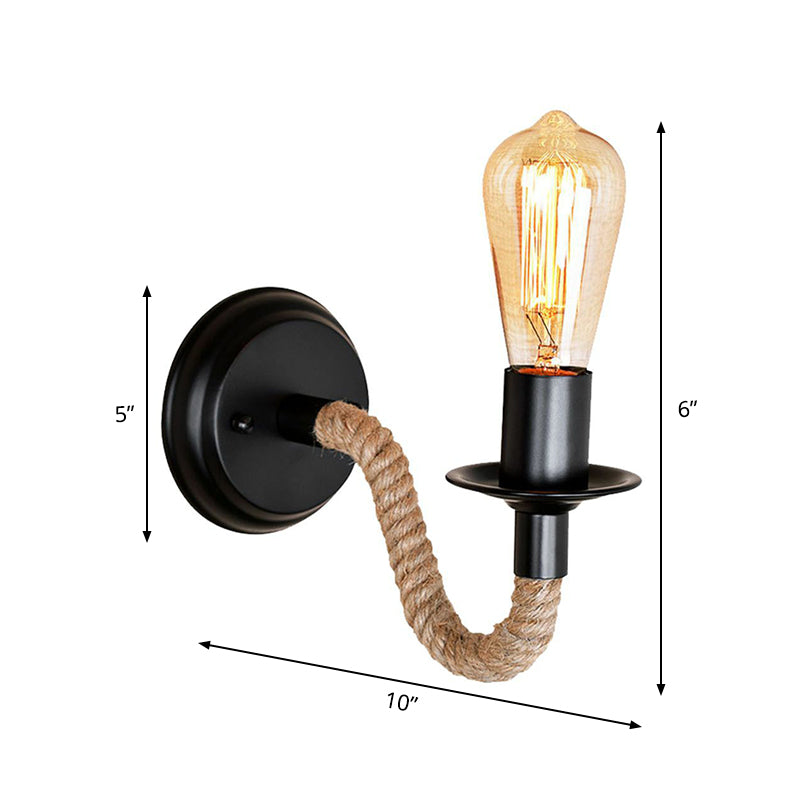 Black 1 Bulb Wall Lam Fixture Lodge Metal Oval/Round Backplate Wall Light with Curved Rope Arm Clearhalo 'Industrial wall lights' 'Industrial' 'Middle century wall lights' 'Tiffany' 'Wall Lamps & Sconces' 'Wall Lights' Lighting' 1912536