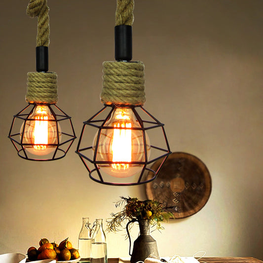 1-Head Pendulum Light Rural Wine Bar Mini Pendant Lamp with Ball Iron Cage and Rope Accent in Brown Clearhalo 'Ceiling Lights' 'Industrial Pendants' 'Industrial' 'Middle Century Pendants' 'Pendant Lights' 'Pendants' 'Tiffany' Lighting' 1912542