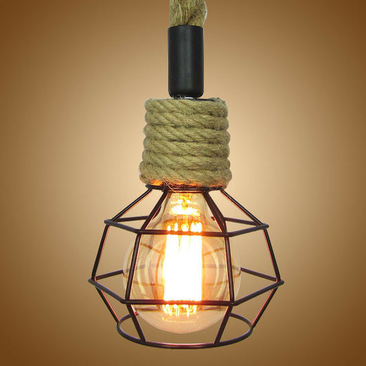 1-Head Pendulum Light Rural Wine Bar Mini Pendant Lamp with Ball Iron Cage and Rope Accent in Brown Clearhalo 'Ceiling Lights' 'Industrial Pendants' 'Industrial' 'Middle Century Pendants' 'Pendant Lights' 'Pendants' 'Tiffany' Lighting' 1912544