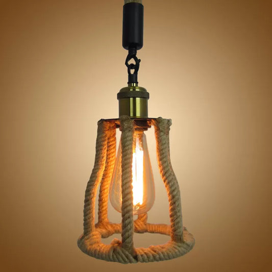 1-Bulb Natural Fiber Rope Pendant Rustic Brown Cage Sitting Room Suspension Lighting Clearhalo 'Ceiling Lights' 'Industrial Pendants' 'Industrial' 'Middle Century Pendants' 'Pendant Lights' 'Pendants' 'Tiffany' Lighting' 1912550